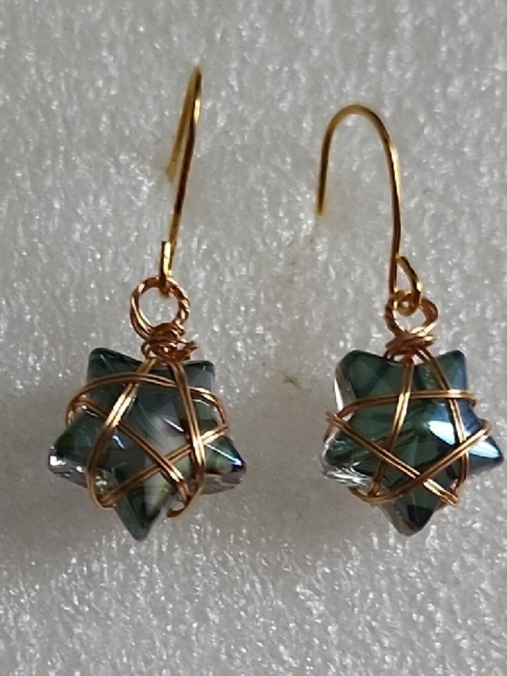 Hand Crafted Teal Star Glass Drop Earrings with Gold Wire